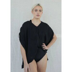 Lokiki Louise Black Cotton Swim Coverup Top W/ Tassel Details V-Neck & Loose Fit